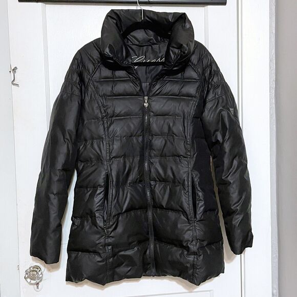 Guess Jacket Womens Large Black Quilted Puffer Down Coat Pockets Full Zip Y2K - Picture 1 of 8